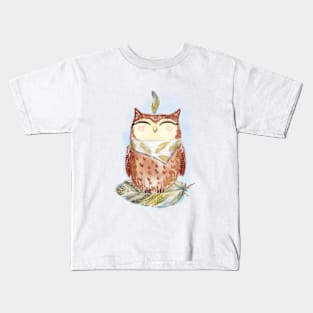 Watercolor cute owl and feathers. Kids T-Shirt